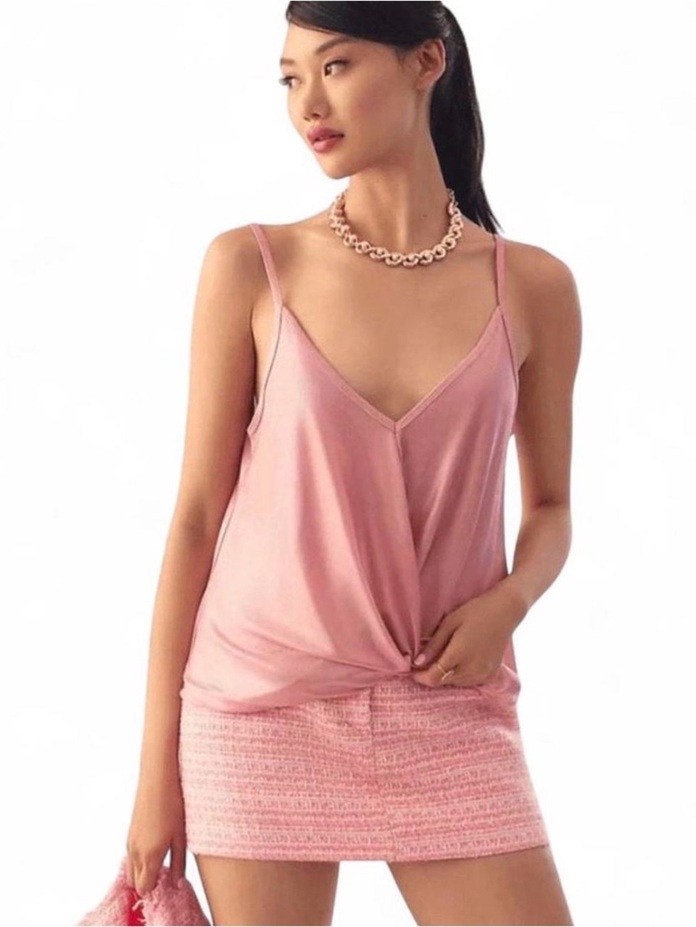 $68 NWT Anthropologie Porridge Shiny Pink Metallic Twist Tank Top Sz S
